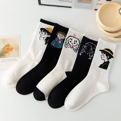5 pairs of autumn and winter socks women's mid-calf socks ins trendy socks cotton sports sweat-absorbent checkerboard floral long-tube sports socks
