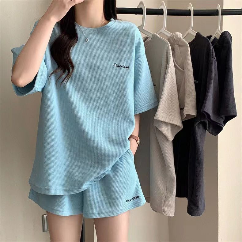 Summer Korean Style College Style Casual Sports suit Women's Loose Wafflough Short-sleeved T-shirt Shorts Comfortable Two-piece Set