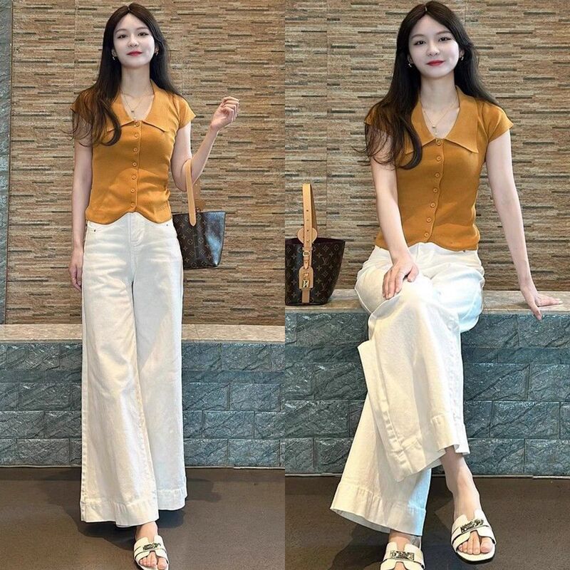 Summer Outfit: a Complete Set of Short-Sleeved Cardigan Tops and High-Waisted Wide-Leg Pants, a Two-Piece Set for Petite Women, a Stunning Little Outfit Summer Outfit: a Complete Set of Short-Sleeved Cardigan Tops and High-Waisted Wide-Leg Pants, a Two-Piece Set for Petite Women, a Stunning Little Outfit