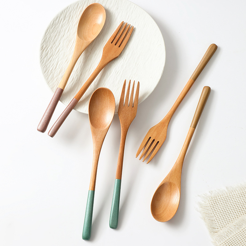 Korean-Style Natural Lacquer Long-Handled Wooden Spoon and Fork Set with Colorful Creative Handles, Tableware for Export, Wholesale in Stock