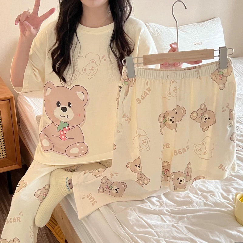 Женская летняя Пижама-тройка, тонкие брюки с короткими рукавами, Повседневная Милая мультяшная верхняя одежда, Женская домашняя одежда
