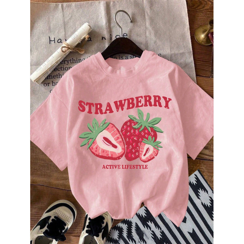 Cross-border Cotton Summer New Cute Strawberry Pattern Printed Casual Short-sleeved T-shirt for Women