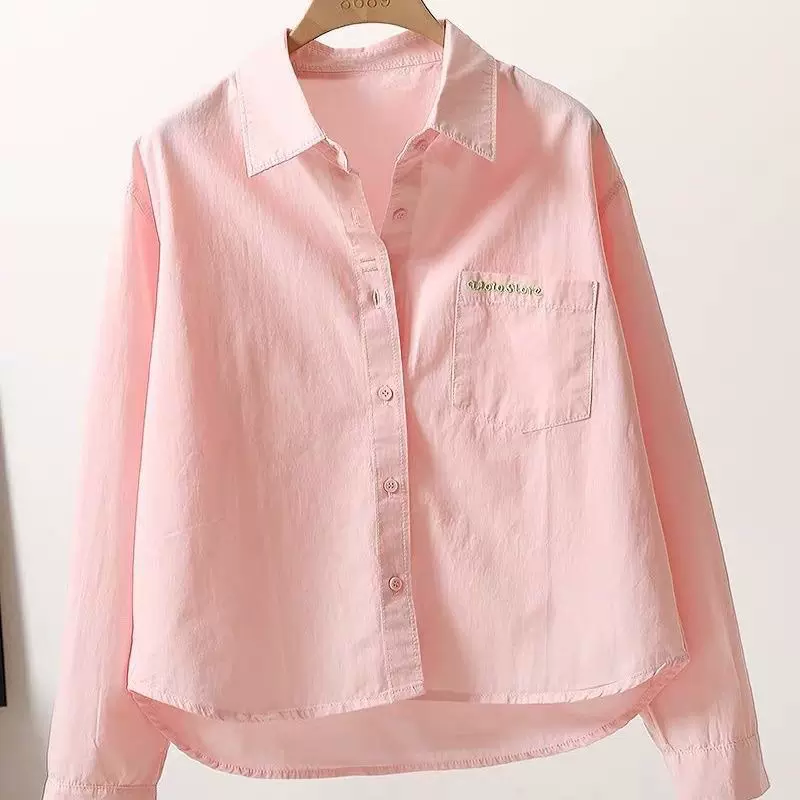 短款春夏衬衫女纯棉时尚绣花字母口袋宽松休闲衬衣女百搭休闲上衣