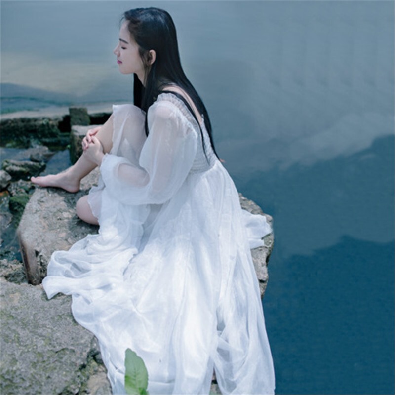 2026 Retro White Long Dress with Lantern Sleeves, Breathable, Long, Large Hem, Round Neck, Chiffon Dress 1295 2026 Retro White Long Dress with Lantern Sleeves, Breathable, Long, Large Hem, Round Neck, Chiffon Dress 1295