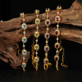 跨境饰品爆款S925纯银天然石榴石磷灰石紫水晶彩宝手链女手镯批发