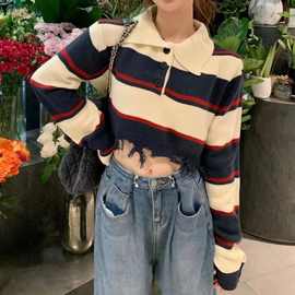 韩系复古撞色条纹学院风短款毛衣女秋冬POLO领破边流苏长袖针织衫