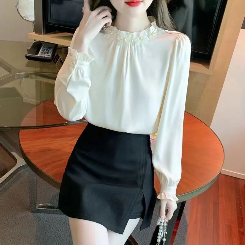 2025新款长袖内搭雪纺衫领春秋季女衬衫别致打底衫法式显瘦|undefined