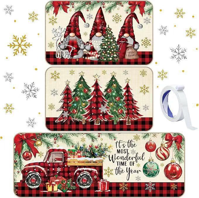 Cross-border Christmas kitchen floor mat three-piece set, corridor dirt-resistant and wear-resistant foot mat, home use long strip dustproof decorative floor mat