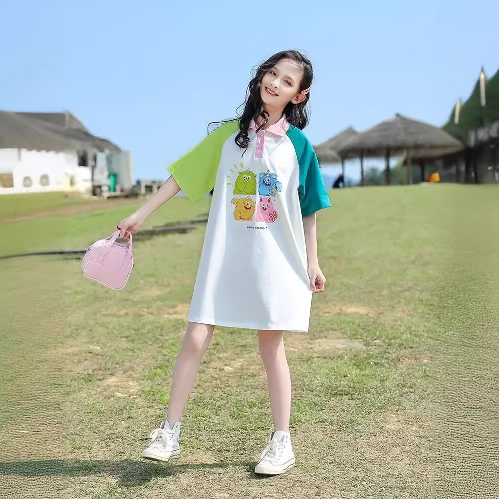 Stylish summer polo dress for girls, 2024 new summer short-sleeved dress.