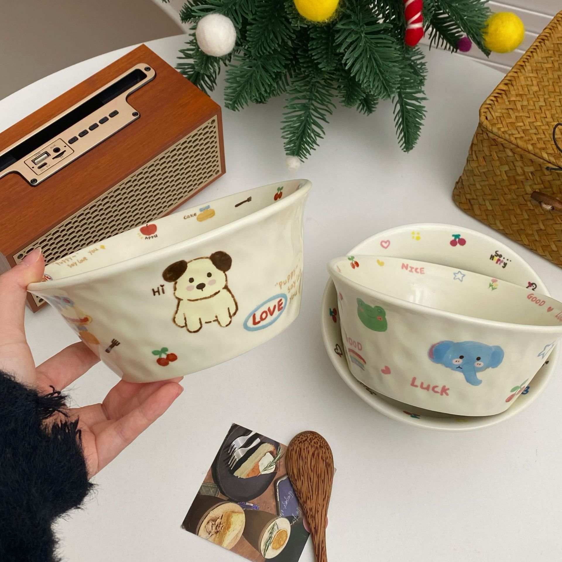 Cream Style Cartoon Ceramic Bowl Yogurt Bowl Cute Household Tableware High Temperature Resistant Soup Noodle Bowl Dessert Salad Baby Bowl