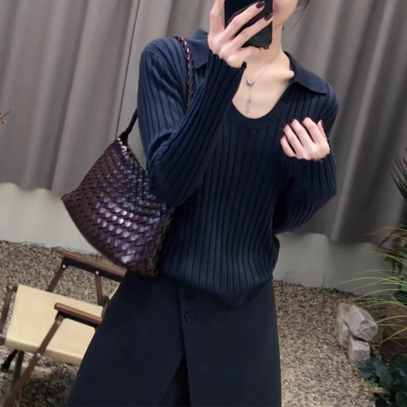 韩系穿搭翻领坑条针织衫女2025秋季新款高级感毛衣显瘦打底衫上衣|undefined