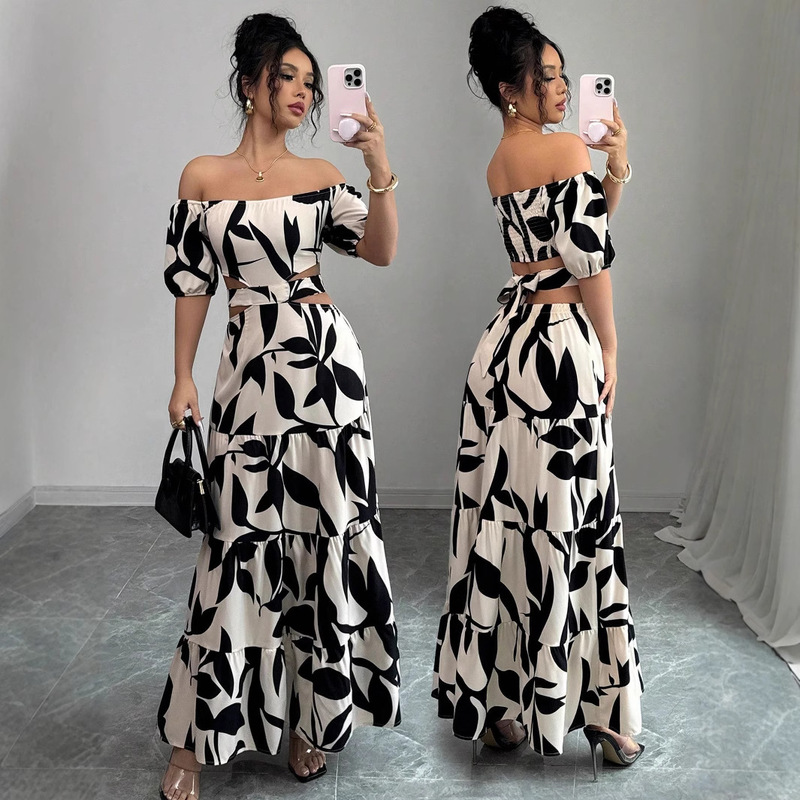 Shein Petite Women's Off-Shoulder Waist Printed Hollow Long Skirt (Asymmetrical Cut with Floral Pattern)