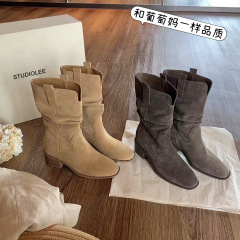 葡萄妈studiolee 增高8cm_韩系圆头V口粗跟显瘦堆堆短靴时尚女靴