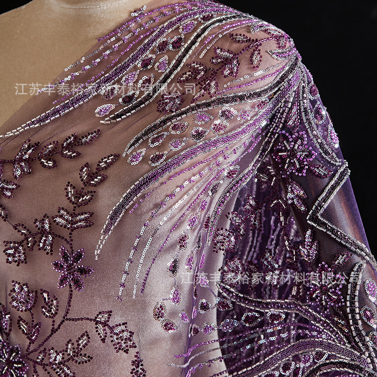Tejido bordado de tubo de cuentas, tela de bordado de malla púrpura, flor, sequin, cuentas, tela de bordado de malla flor, vestido de noche image 1