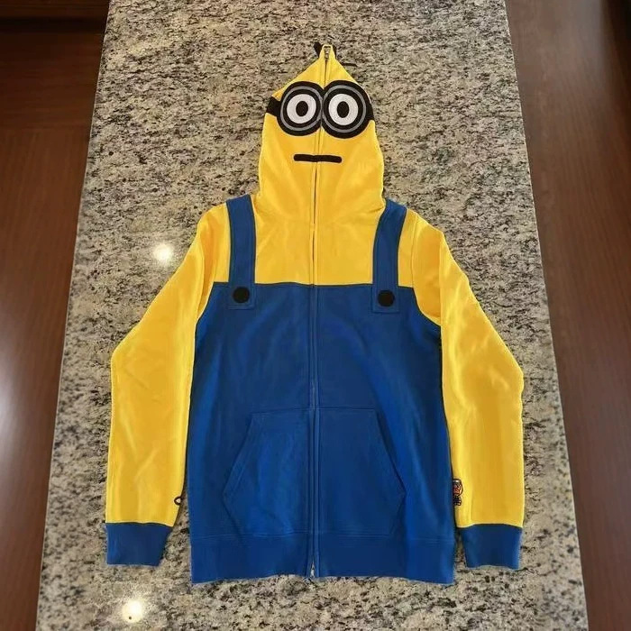 Retro trendy Minion hooded cardigan sweatshirt with a hooded design, drop-shoulder, loose fit, unisex casual full-zip jacket