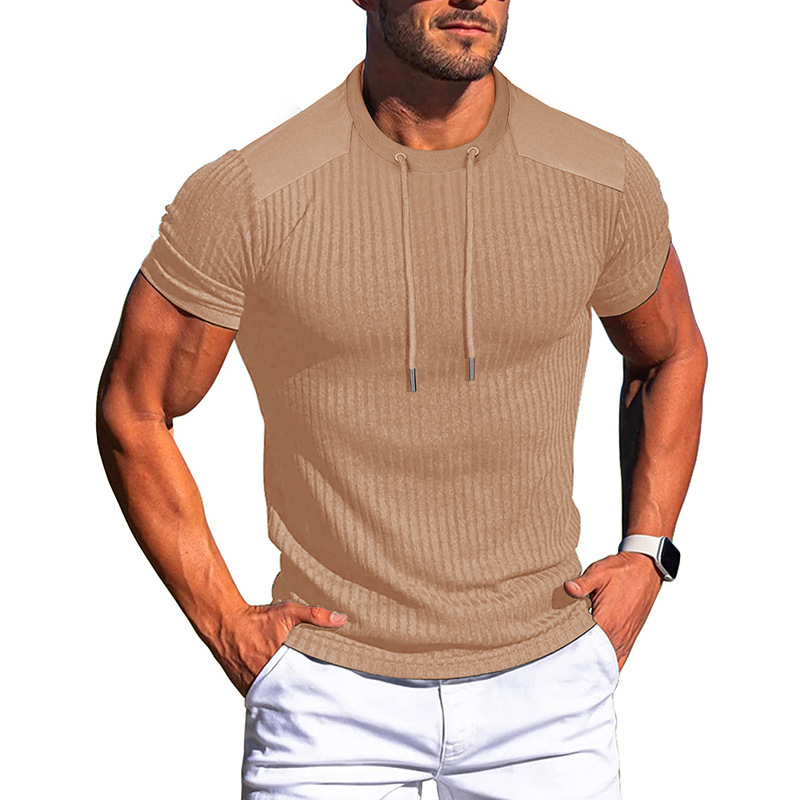 Cross-Border Men's Short-Sleeved Muscle-Fit Round-Neck Slim-Fit Cotton Sports T-Shirt European and American Men's Ribbed Knit Fitness Top Cross-Border Men's Short-Sleeved Muscle-Fit Round-Neck Slim-Fit Cotton Sports T-Shirt European and American Men's Ribbed Knit Fitness Top