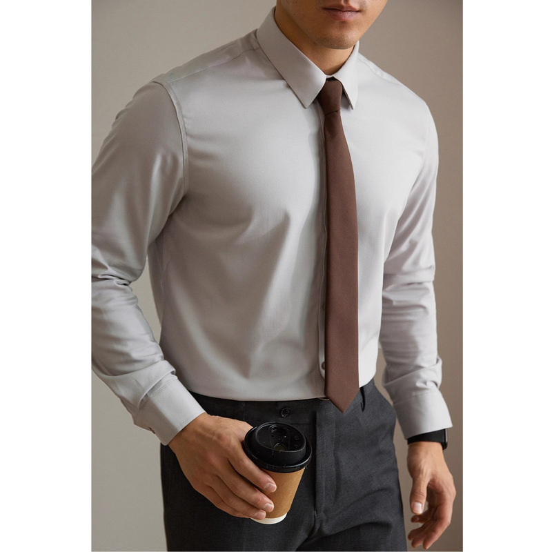 Light Luxury Level! Business Non-Iron Mercerized Gray Thin Shirt for Men, Long-Sleeved, Spring and Autumn 2026, High-End Slim-Fit Shirt