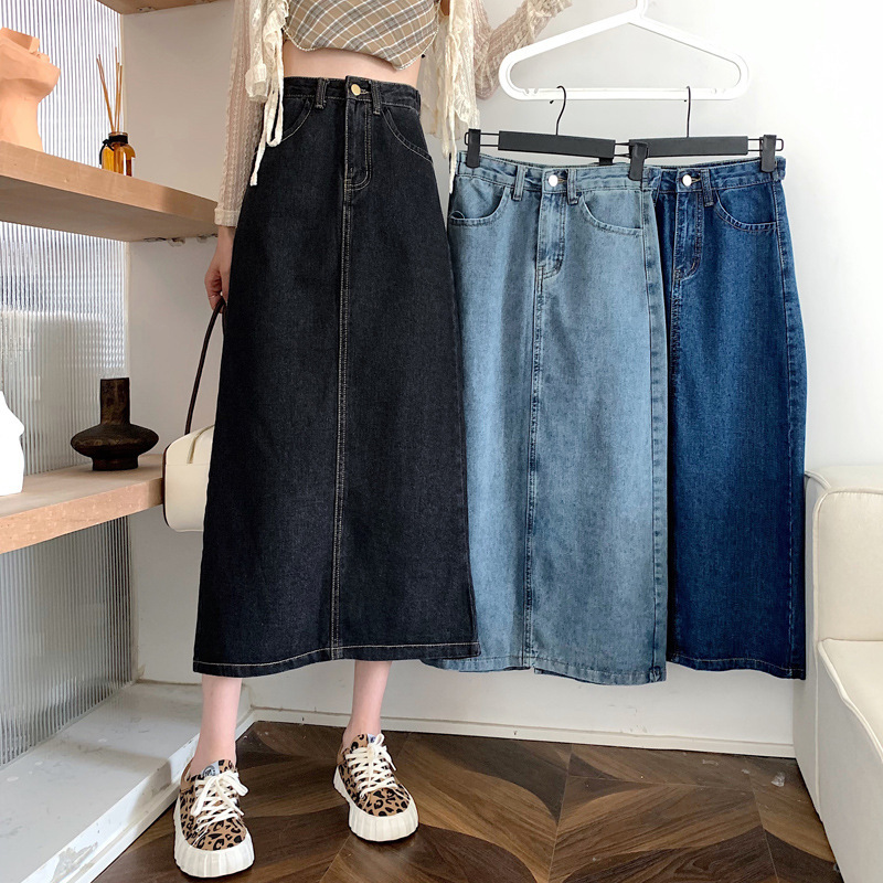 Denim Skirt Women's Spring and Autumn New Arrival Fashionable All-Match High Waist Korean Style Simple Mid-Length A- Line Hip Skirt