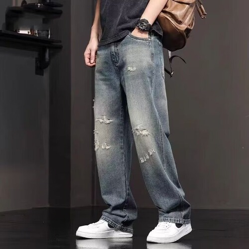 American-style ripped jeans for men, summer new straight-leg loose wide-leg casual pants, washed long pants for men