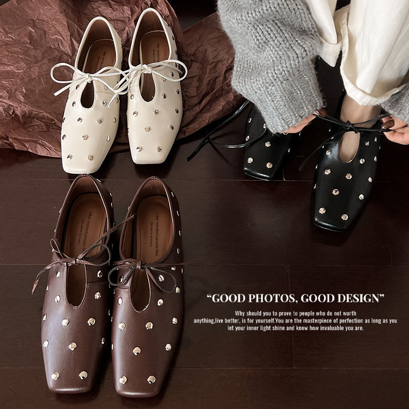 지진~활력 넘치는 소녀! 여성용 플랫 슈즈, 봄철 스퀘어토 리벳 로퍼, 레이스업 가죽 슈즈, 햅번 스타일 싱글 슈즈