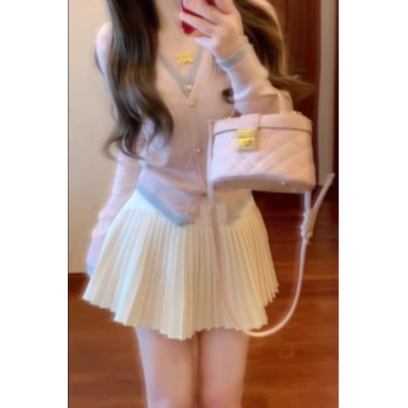 独特绝美小套装春季设计感粉色假两件长袖上衣百褶半身裙子两件套|undefined