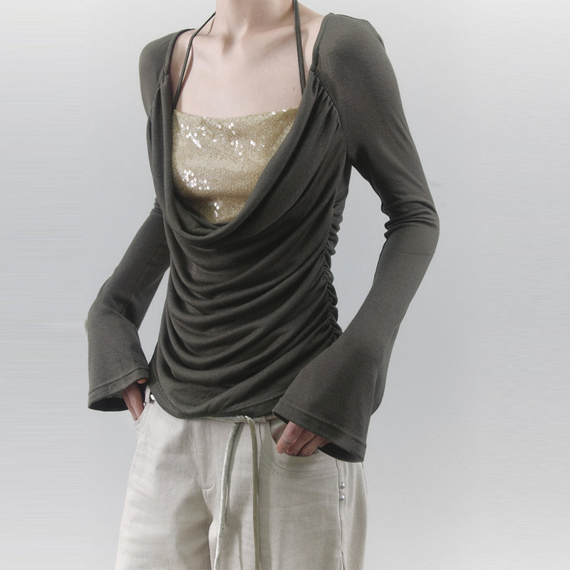 Sequined Tube Top with Contrasting Color Tencel Wool Knitted Deep Swing Collar Pleated Halterneck Fake Two-Piece Top for Women