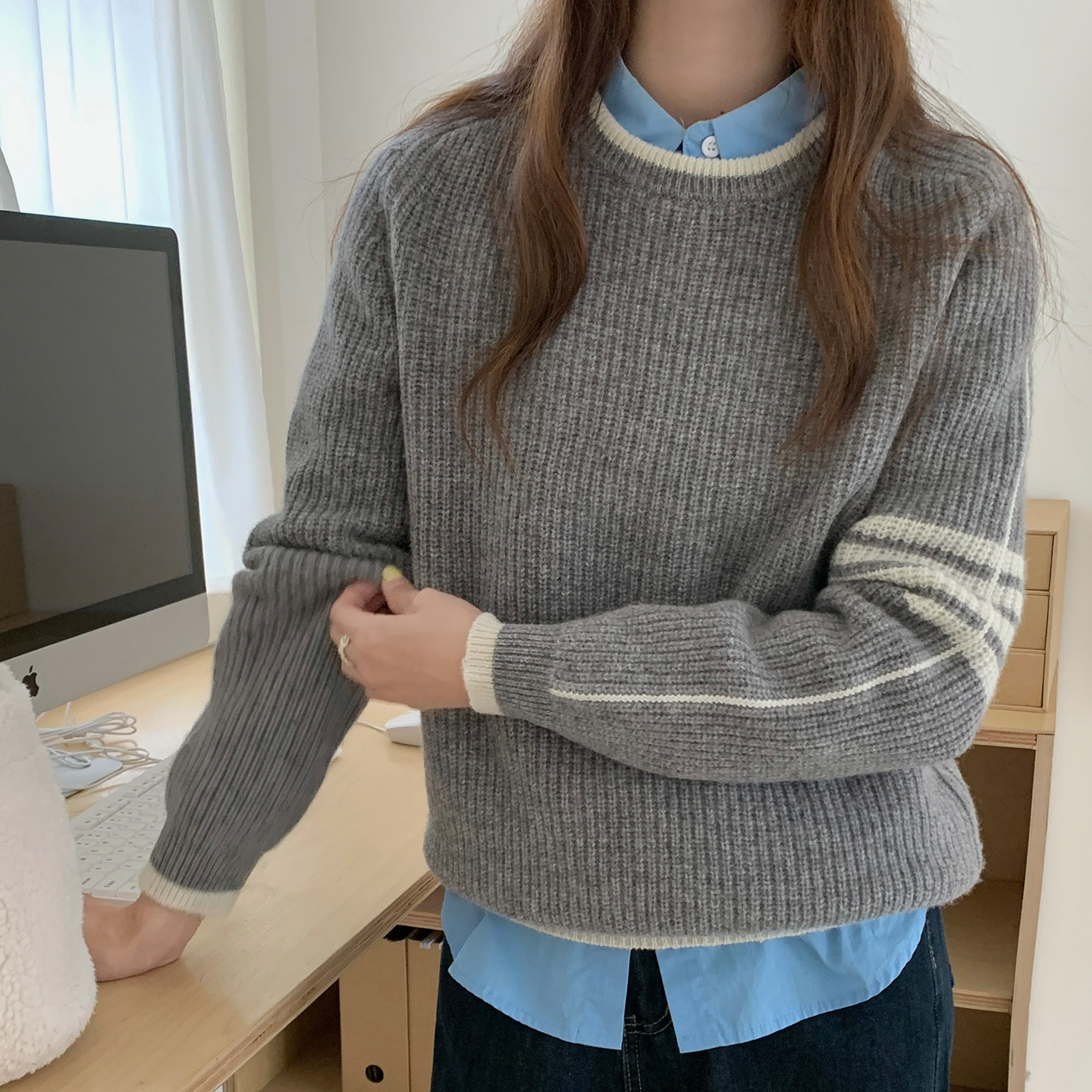 秋冬款韩系学院风宽松圆领套头毛衣女四道杠纯羊毛百搭针织羊毛衫