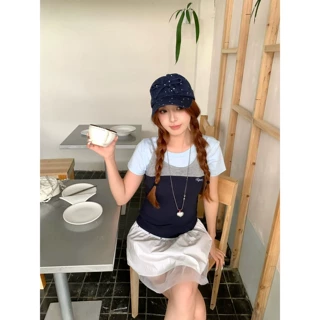 【现货】夏季韩系假两件拼接T恤女三色撞色修身收腰短袖上衣C302