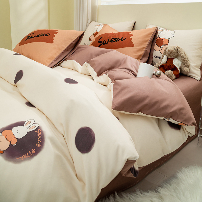 Juego de cuatro piezas de algodón de dibujos animados 2024 nuevo estilo sábana de algodón fresco funda de edredón sábana ropa de cama de verano