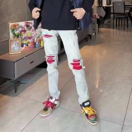 红色补丁长裤牛仔裤水泥蓝秋季