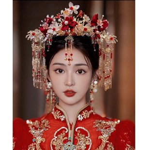 Xiuhe Dress Headwear Chinese Bride Phoenix Crown 2024 New Red Bow Glaze Hair Crown Antique Wedding Hair Accessories