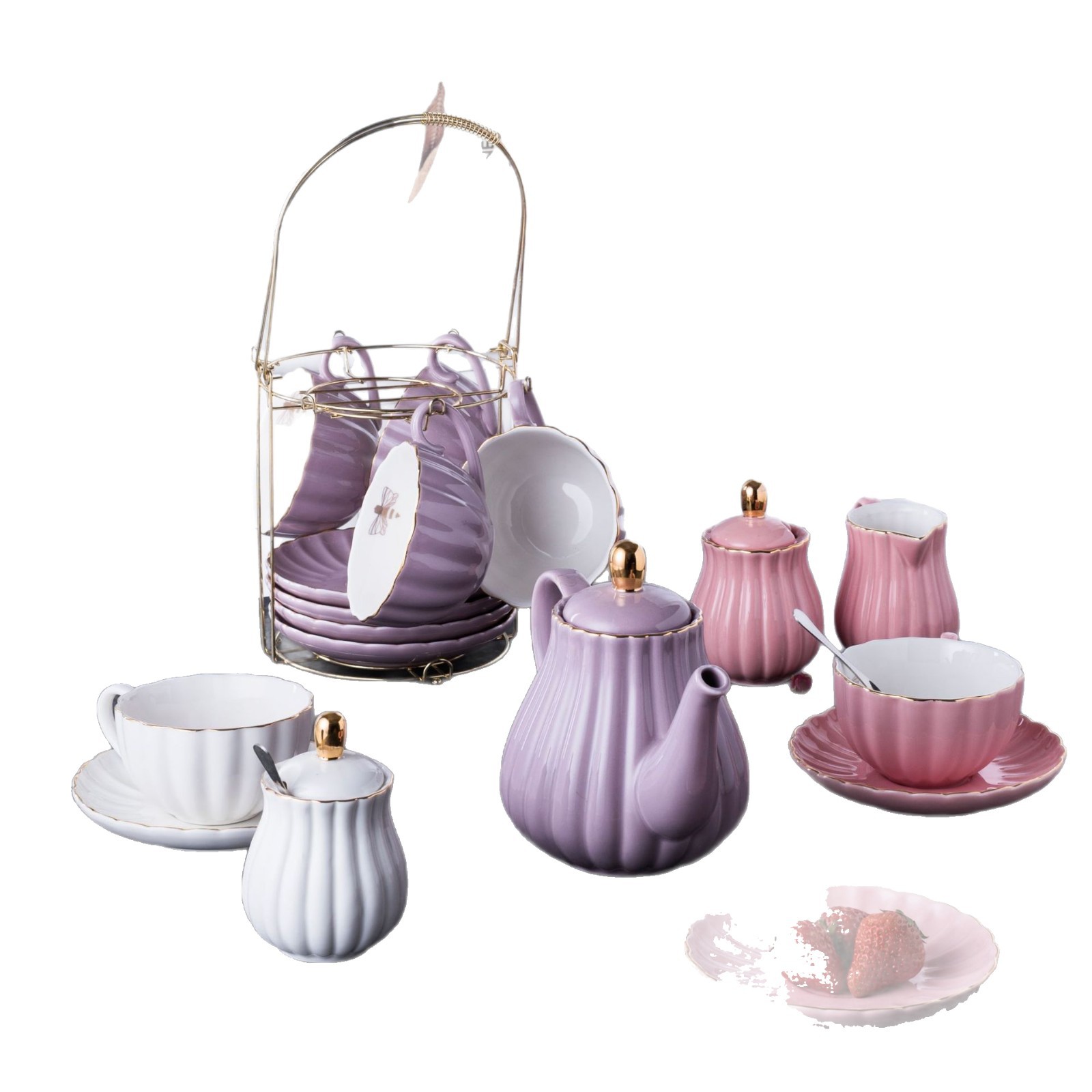 Rayas de abeja dorada Una olla de cuatro tazas Plato de café japonés Juego de tetera fría Juego de esmalte de color y té de flores doradas Cerámica