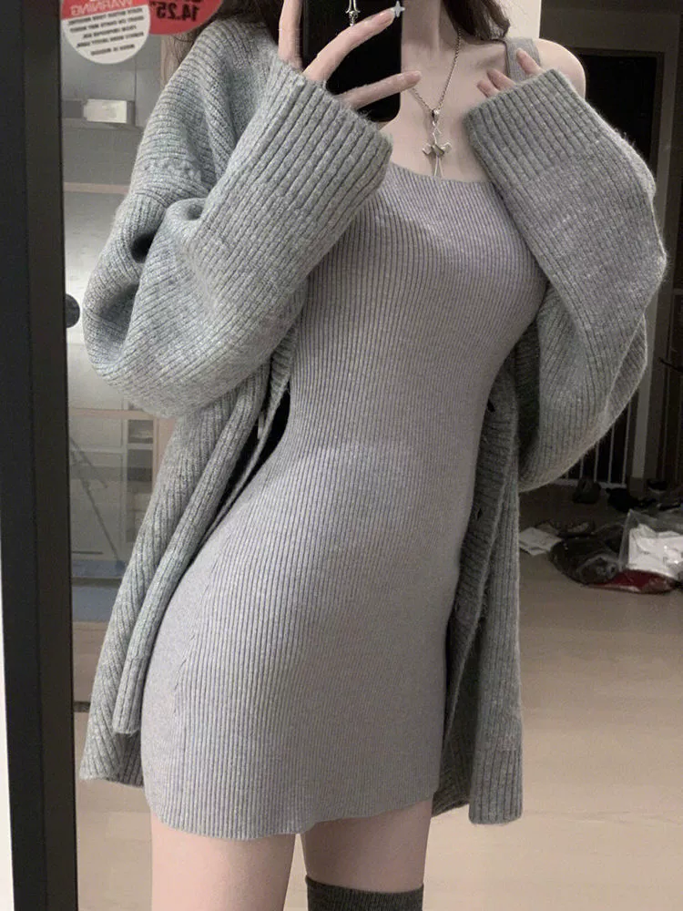 Кожаный кардиган и одежда-slip набор кружевной юбки-мини в стиле suspender, Один размер (серый)