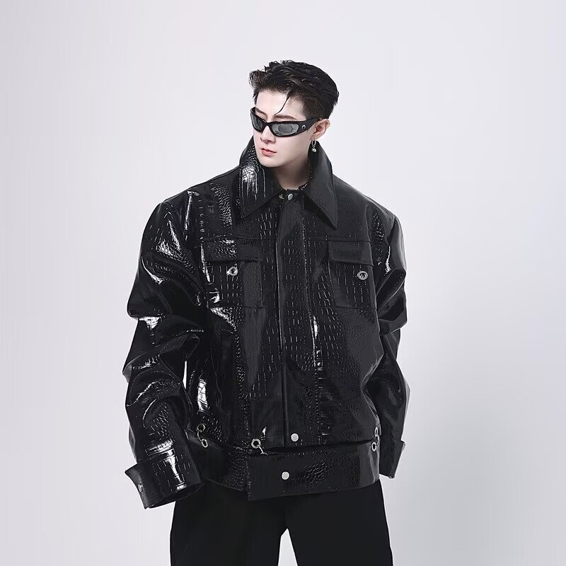 American High Street Fashion Brand Ins Crocodile Pattern Shoulder Pad Leather Jacket Men's Autum Versatile Casual Pu Leather Short Jacket American High Street Fashion Brand Ins Crocodile Pattern Shoulder Pad Leather Jacket Men's Autum Versatile Casual Pu Leather Short Jacket