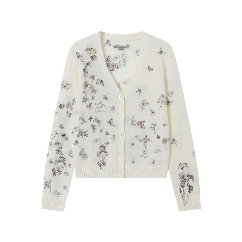 Cd Brand New 3D Butterfly Embroidery V-Neck Long-Sleeve High-End Alpaca Wool Knit Cardigan for Socialites and Fairies