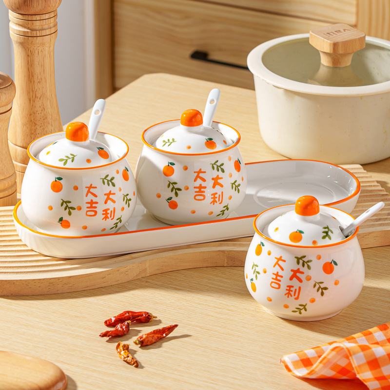 釉薬下彩陶磁器調味料缶家庭用厨房味の素塩缶高温唐辛子油缶蓋付き調味缶|undefined