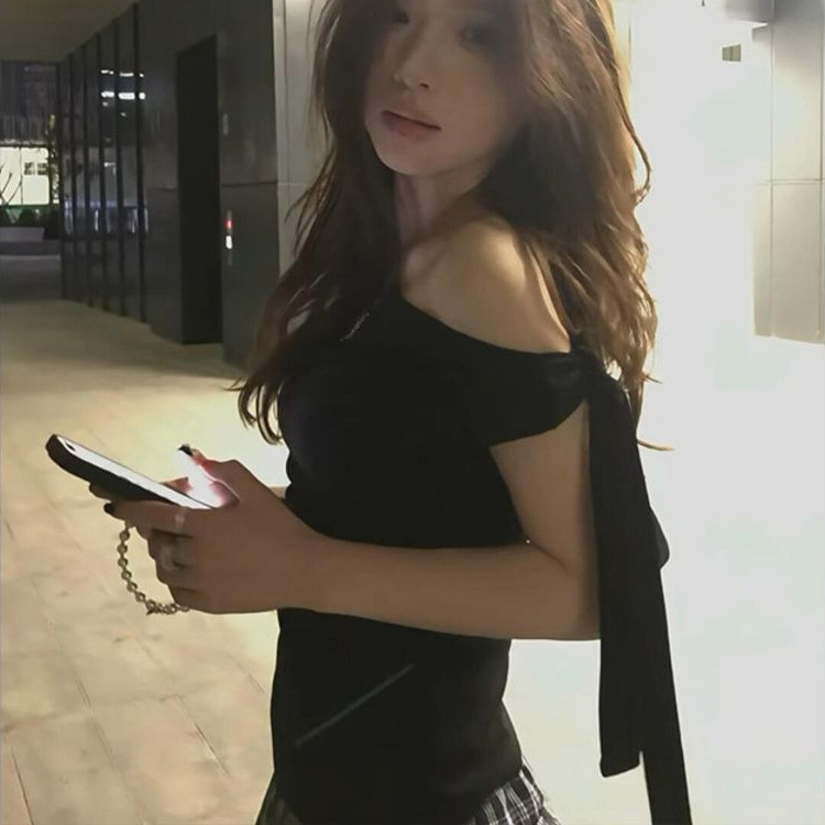 Black Tie-Strap Off-Shoulder Short-Sleeve T-Shirt with Unique Summer Design, Slim-Fit and Stylish Top