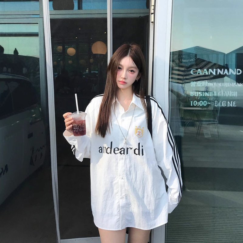 Andeardi Three-Stripe Jersey Style Long-Sleeved Shirt Women's Spring & Fall Printed Loose Sports Casual Couple Jacket