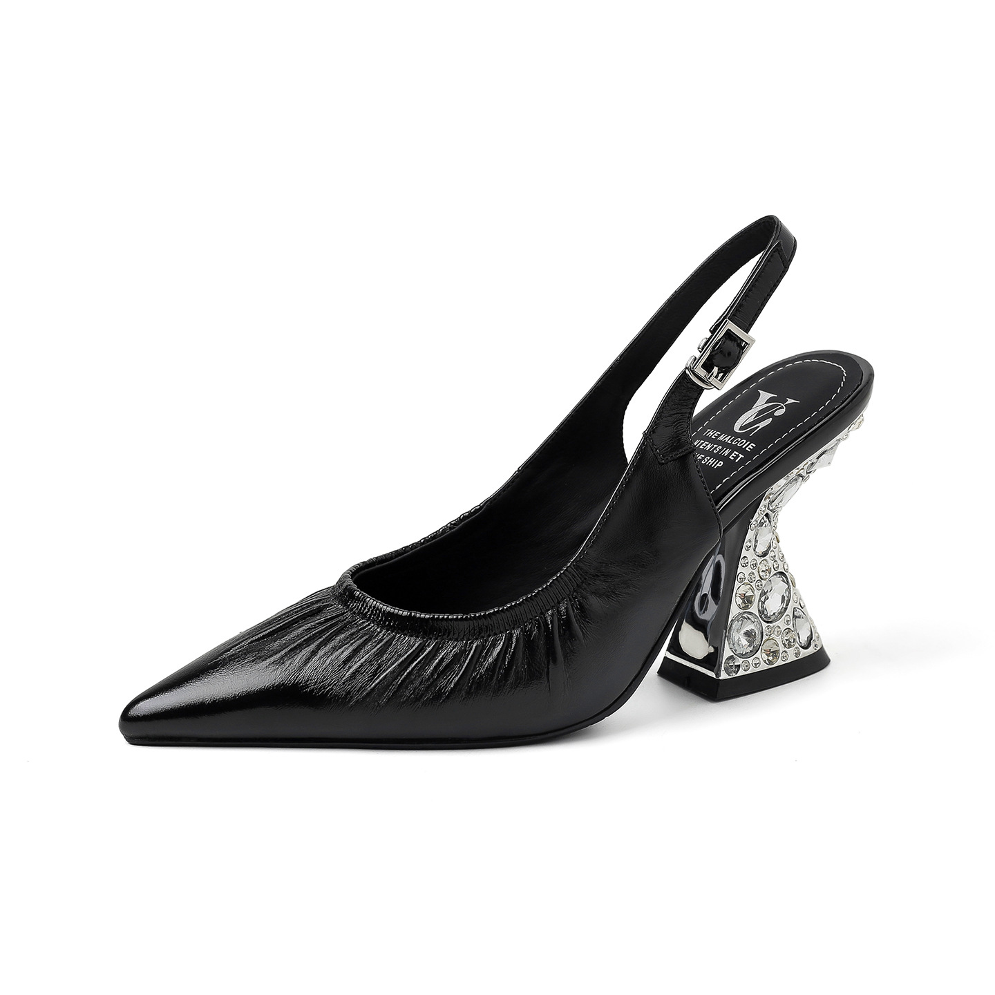 Sandal cao gót nữ mũi nhọn hở mũi quai sau xếp ly đính đá — màu đen, màu vàng, bạc