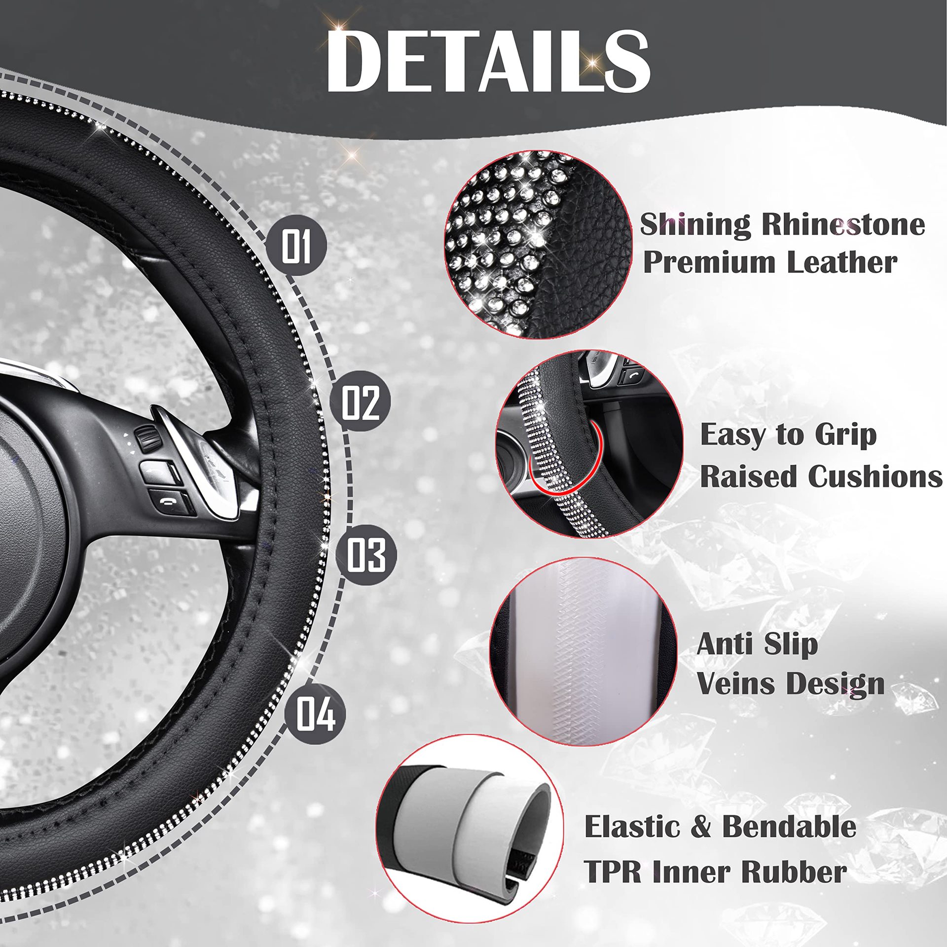 Source Factory Cross-Border Rhinestone-Embellished Leather Steering Wheel Cover Amazon Hot-Selling Rhinestone Car Steering Wheel Cover with Inner Ring and Rhinestones