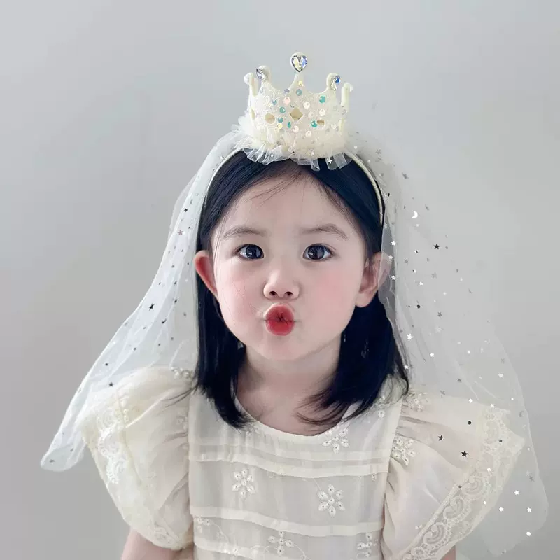 儿童皇冠网纱发箍女童头箍新款可爱女孩发卡公主生日拍照发饰头纱