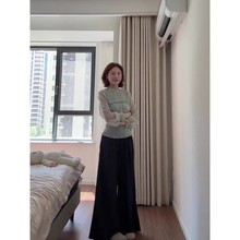 设计感薄荷绿雪纺衬衫上衣女秋季高腰显瘦休闲裤套装