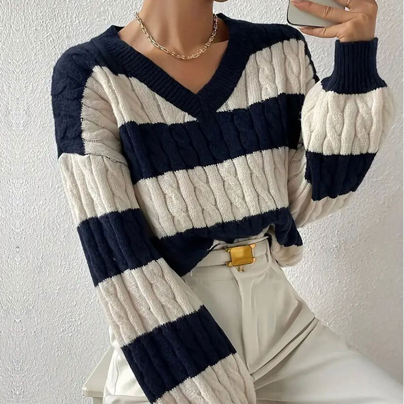Women's Clothing autumn and winter sweater all match pullover V neck long sleeved twisted striped contrast color knitted sweater_voghion.com