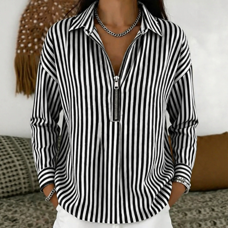 European and American cross-border spring and autumn new women's striped shirt with a lapel collar, zipper design, long sleeves, loose fit, casual and fashionable top
