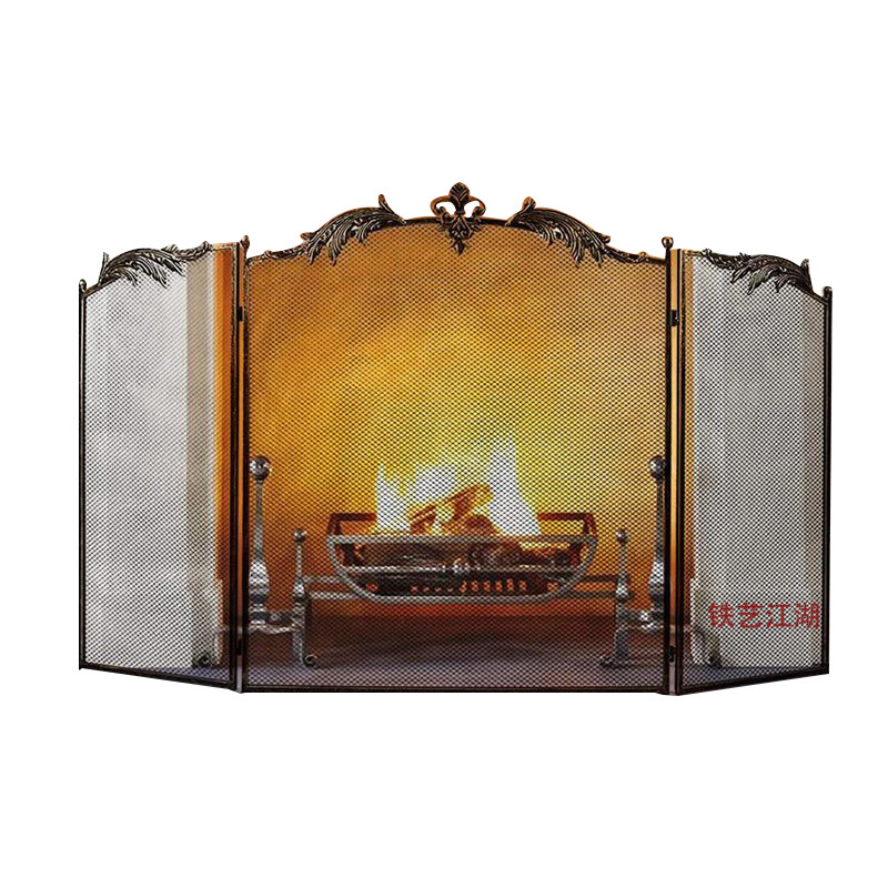 European-Style Wrought Iron Vintage Hollow Artist's Fireplace Screen Partition Fireproof Anti-Scald Mesh Decorative Folding Screen