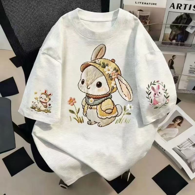 Cross-Border New Style 2026 Loose Casual Plus-Size Women's Cartoon Rabbit Print T-Shirt Summer Cute Pure Cotton Top