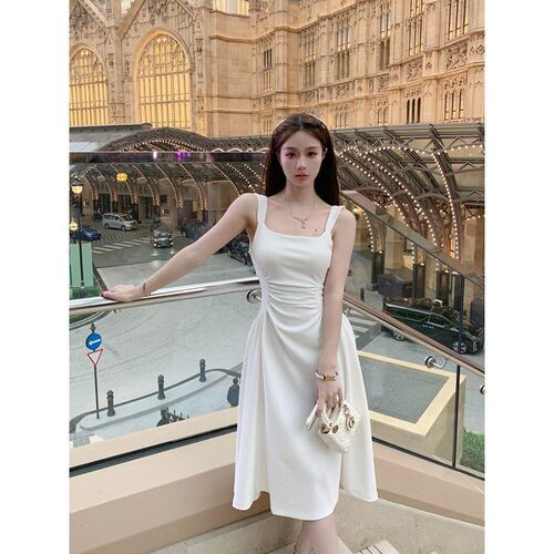 French white acetate satin strap dress, summer temperament, slimming, waist-cinching, new Chinese style dress