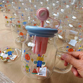 耐高温玻璃杯子女新款大容量带把手喝水杯高颜值家用吸管杯果茶杯