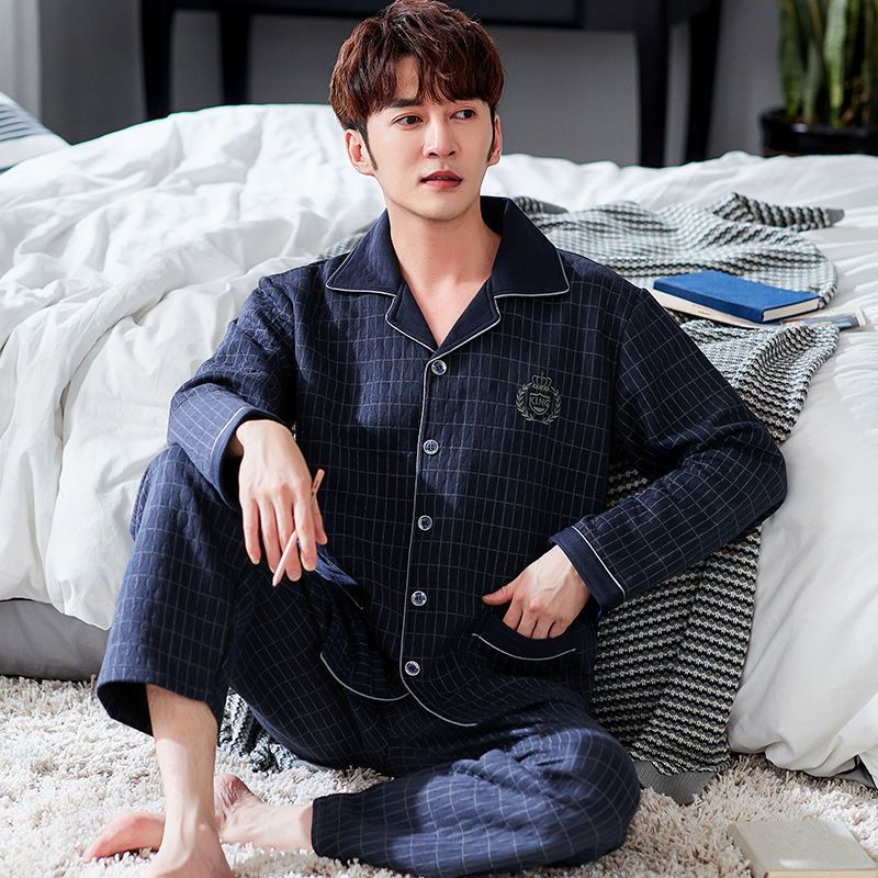 Pijama de hombre otoño y invierno engrosado aire de algodón de manga larga mezclado juvenil de mediana edad caliente primavera y otoño set de ropa de algodón casero