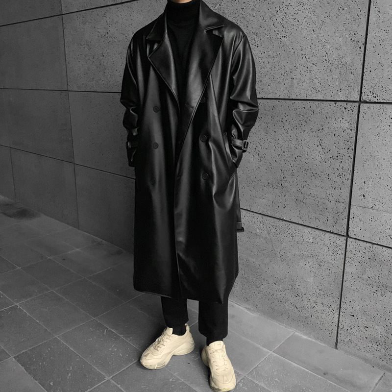 High-end feeling ruffian handsome long imitation leather coat men's Korean style spring and autumn leisure loose motorcycle soft leather trench coat coat